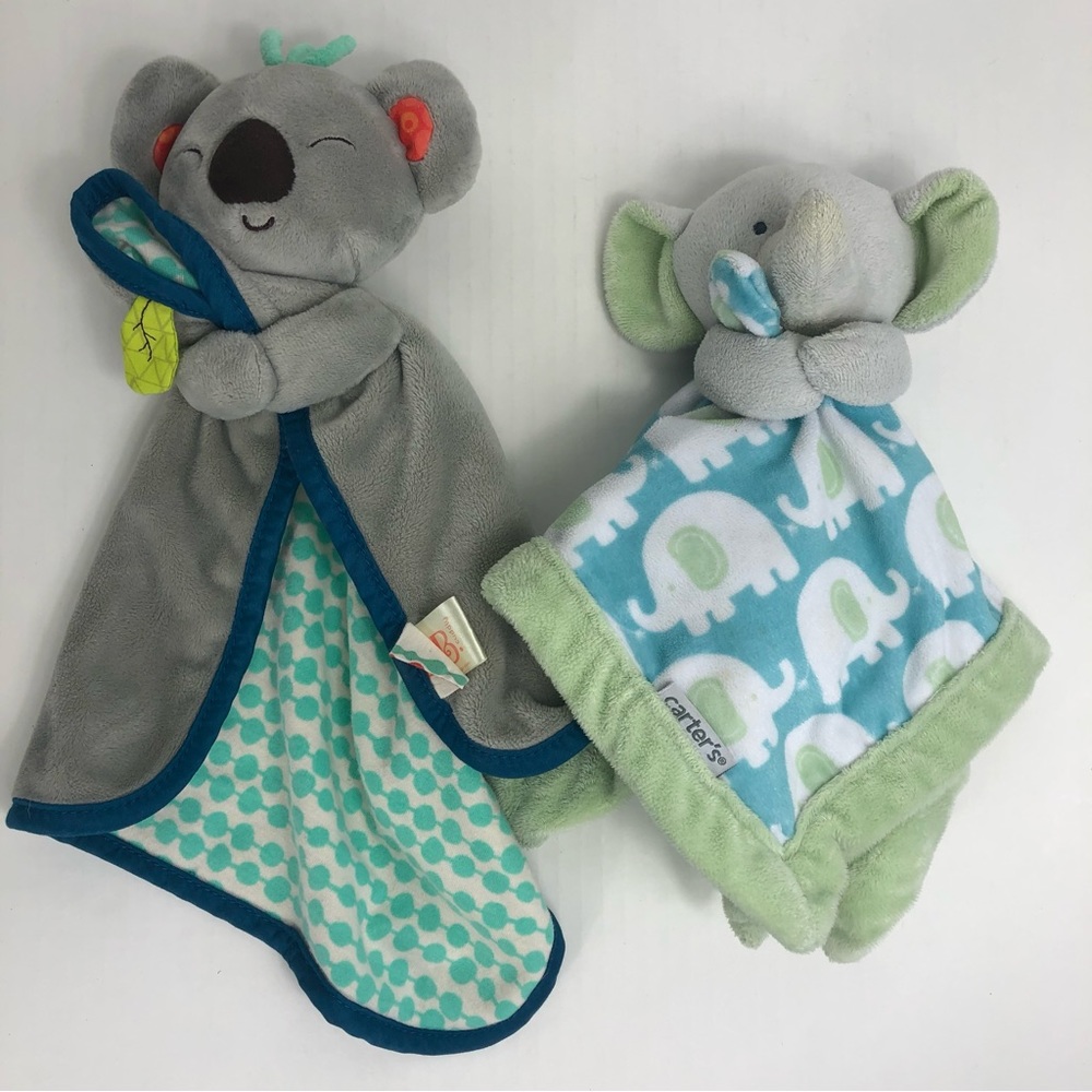 Carter’s & Cuddly Green Teal Gray Elephant Security Blankets Plushes
